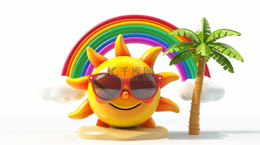可爱3D夏天戴着墨镜的太阳和彩虹背景
