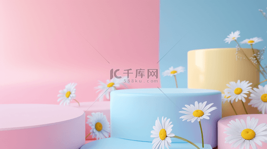 粉色展示台背景图片_柔和粉彩白色雏菊3D产品展示台设计图