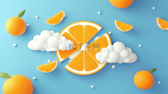 水果橘子背景图片_清爽夏日水果桔子瓣白云背景