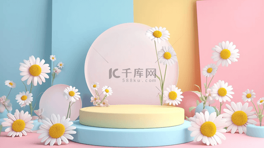 柔和粉彩白色雏菊3D产品展示台图片