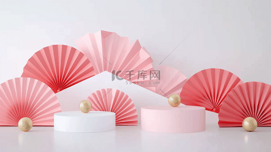 产品扇子背景图片_618粉白色中式扇子产品展示台背景素材