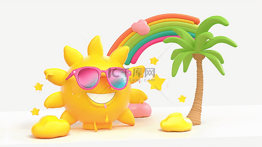 墨镜背景图片_可爱3D夏天戴着墨镜的太阳和彩虹背景素材