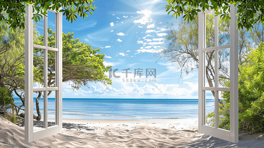 椰子树素材背景图片_夏天海景海边大窗海边场景背景素材