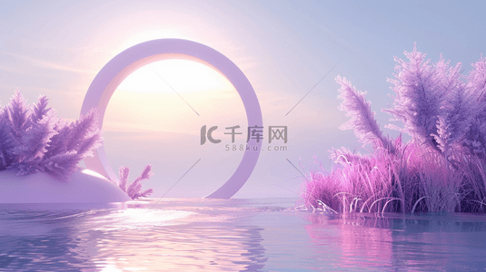 夏日紫色薰衣草水面玻璃圆形概念空间背景图