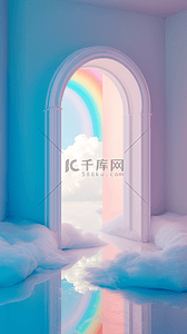 展台蓝背景图片_蓝粉色梦幻玻璃拱门概念空间场景背景