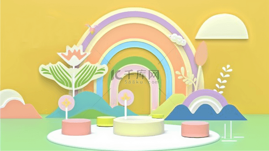 六一儿童节促销清新黄色3D彩虹展台设计