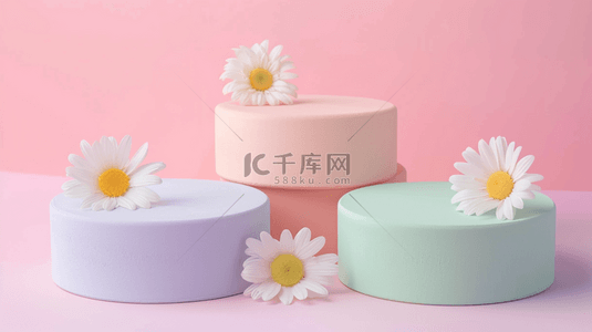 柔和粉彩白色雏菊3D产品展示台背景