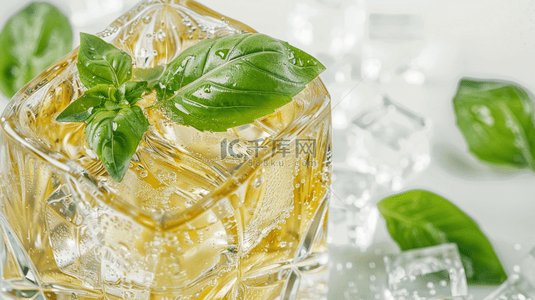 清新凉爽玻璃杯冰块上绿叶的背景