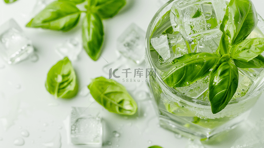 清新凉爽玻璃杯冰块上绿叶的背景