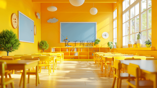 温馨背景图片_黄色温馨幼儿园桌椅黑板阳光照射的背景