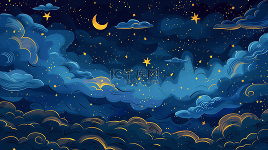 绘画蓝色星空天空星星云彩的背景