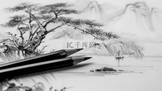 树木素材背景图片_素描房屋树木合成创意素材背景