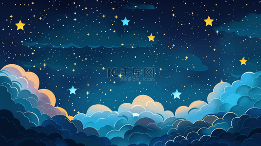 男孩看月亮背景图片_绘画蓝色星空天空星星云彩的背景