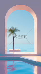 欧式浮雕欧式拱门背景图片_夏日拱门椰子树海边海景场景设计图