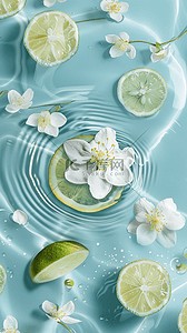 夏日清凉水面上的柠檬片和花朵图片