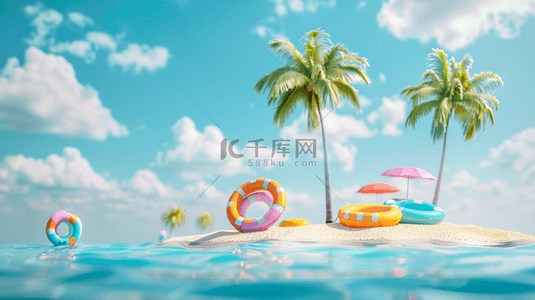 大海蓝天背景图片_夏日椰子树泳圈遮阳伞海岛背景