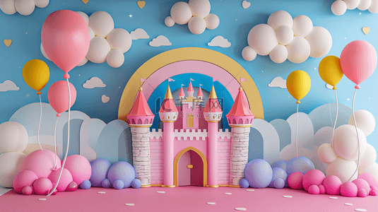 六一儿童节3D彩虹城堡气球展台设计图