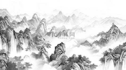 水墨高山背景图片_水墨高山云海合成创意素材背景