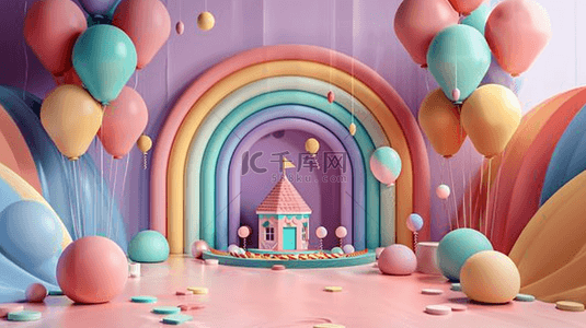 可爱卡通3d背景图片_六一儿童节3D彩虹城堡气球展台背景图片
