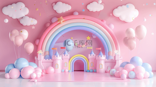 恶魔城堡背景图片_六一儿童节3D彩虹城堡气球展台素材