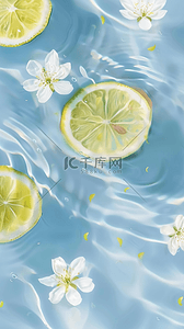 夏日清凉水面上的柠檬片和花朵设计