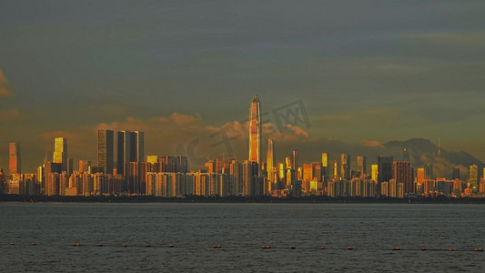 实拍远眺深圳湾城市地标夕阳光辉