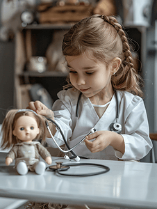 幻想图片摄影照片_听诊器的女孩玩医生听娃娃女孩扮演医生