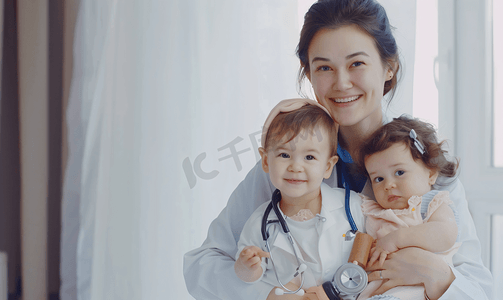 嬉戏孩子摄影照片_儿科医师技能可爱的年轻妈妈带着孩子看医生