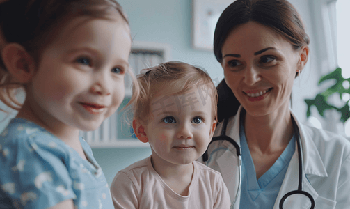 嬉戏孩子摄影照片_儿科医师技能可爱的年轻妈妈带着孩子看医生