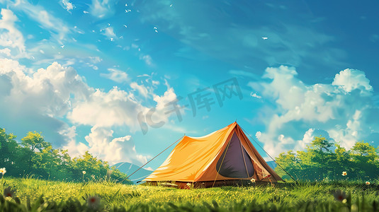 蓝天绿草摄影照片_绿草上的帐篷露营高清摄影图