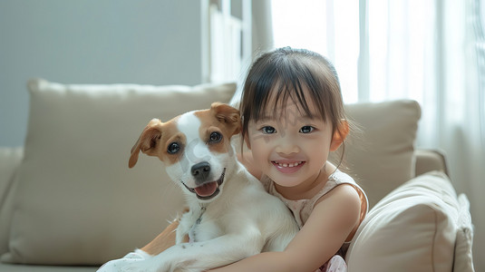 小女孩和她的狗坐在浅色沙发高清摄影图