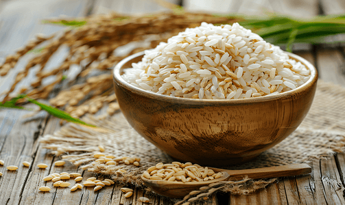 木桌背景上碗中盛有生米粒和干稻的熟米