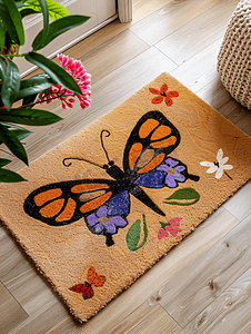 椰字摄影照片_美丽的迎宾桃色椰壳纤维门垫带蝴蝶