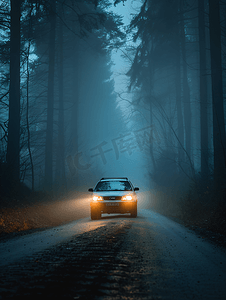 汽车在黑暗和有雾的森林道路上行驶