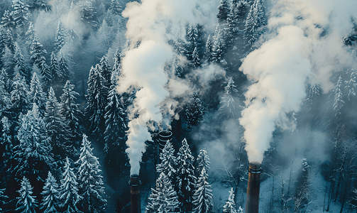 松林冬景背景下两座工业烟囱冒着浓烟