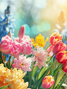 明亮而多彩的春天的花朵花卉背景