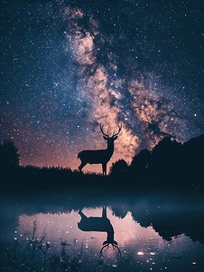 月亮卡通图片摄影照片_夜晚鹿剪影在银河背景下的美丽背景图片