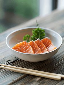 日本料理水彩摄影照片_木桌上的生鱼片鲑鱼日本料理筷子和芥末