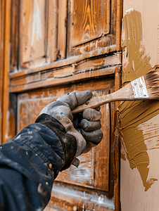 木匠用刷子画木门口家具修复