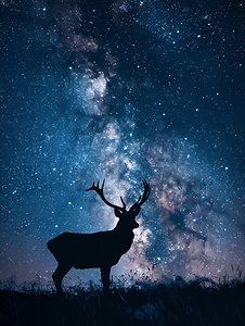 月亮卡通图片摄影照片_夜晚鹿剪影在银河背景下的美丽背景图片