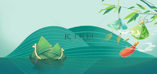 竹子粽子背景图片_端午节气粽叶粽子绿色横图背景