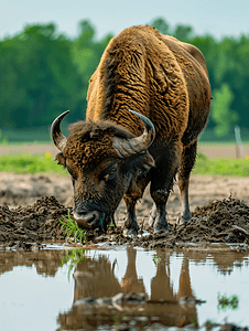 土丘上的水牛在泥土变成的池塘边吃着草