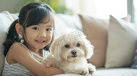 浅色图片摄影照片_小女孩和她的狗坐在浅色沙发图片