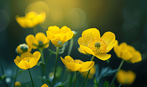 黄色秋季背景摄影照片_明亮的黄色花朵毛茛
