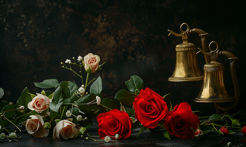 黑色背景上孤立的鲜花玫瑰和铃铛
