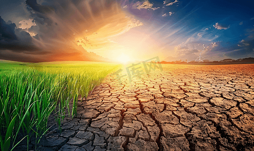 全球气候变暖摄影照片_显示旱地影响的全球变暖概念图