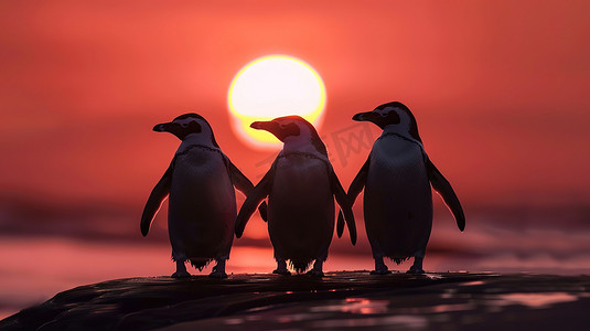 日落时分企鹅的剪影高清图片