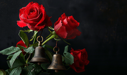 黑色背景上孤立的鲜花玫瑰和铃铛