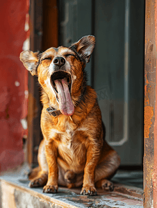 狗打哈欠并伸出舌头狗守卫入口动物就在门口