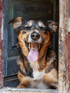 打摄影照片_狗打哈欠并伸出舌头狗守卫入口动物就在门口